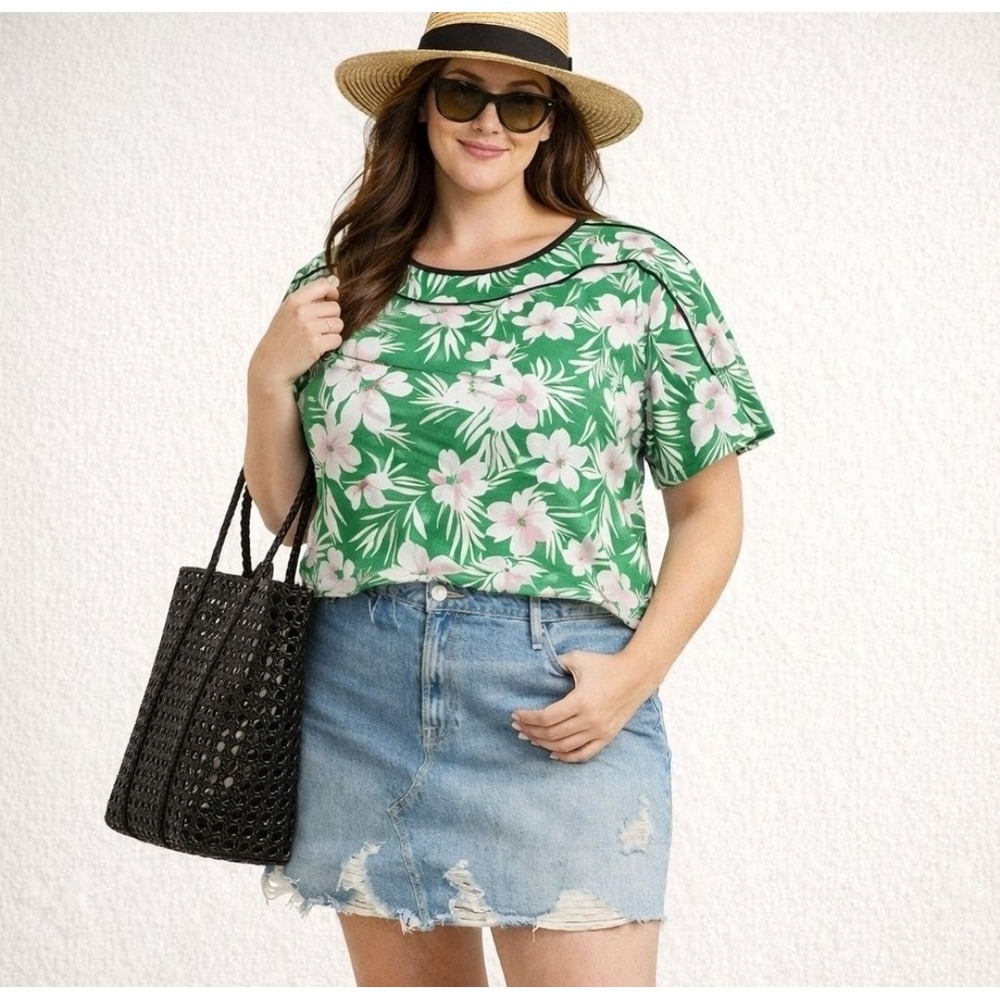 Pari Passu Island Floral‎ Blouse Vaca Resort Festive Party Green Size 20 Hawaii